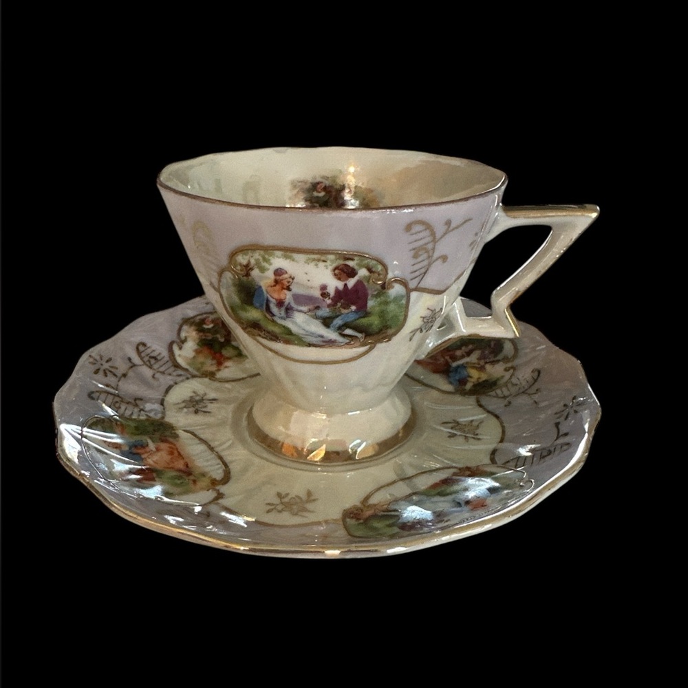 Elegant Porcelain Pedestal Teacup and Saucer Set Made in Japan